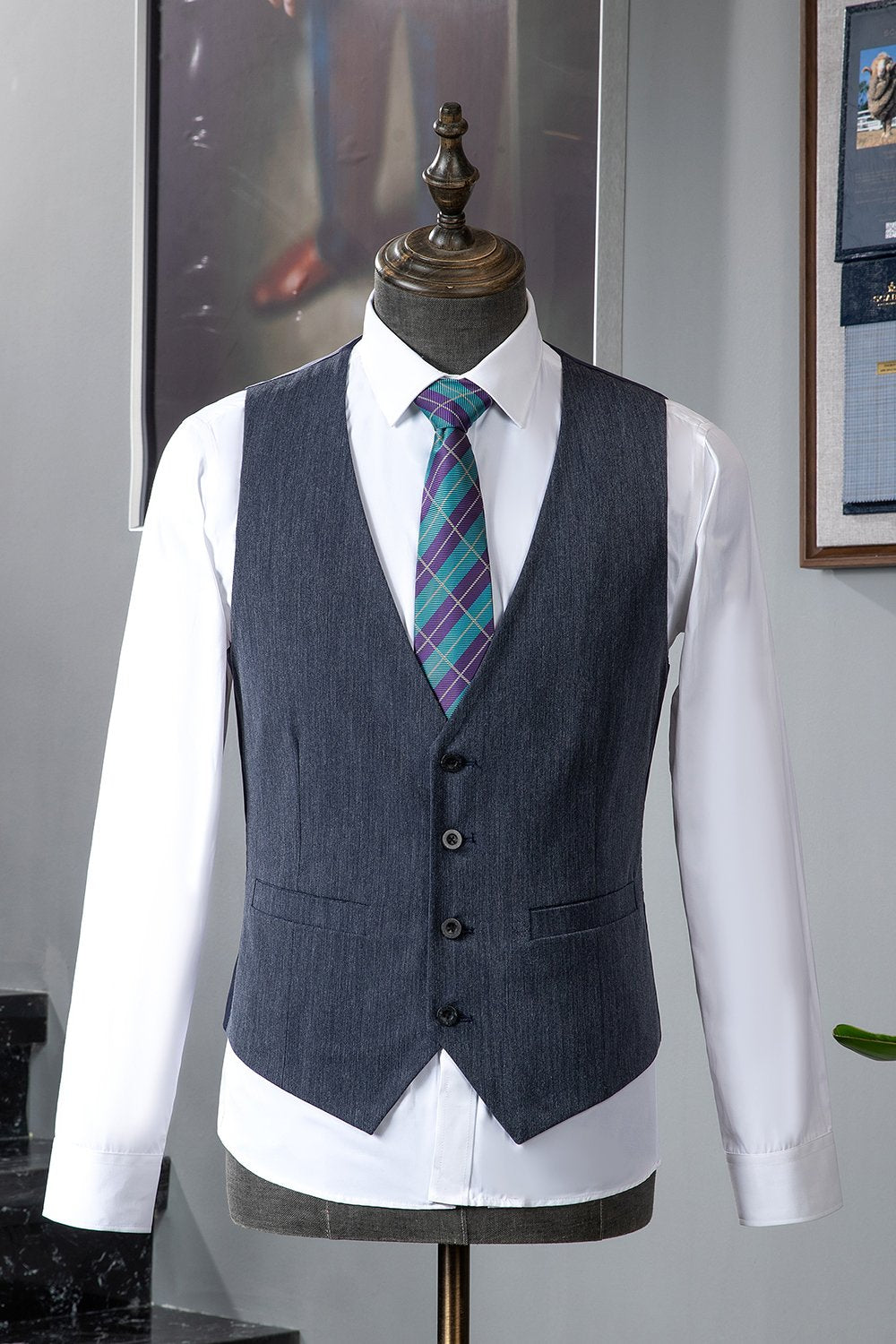 Cinza Azul Lapela Entalhada 3 Peças Terno Masculino