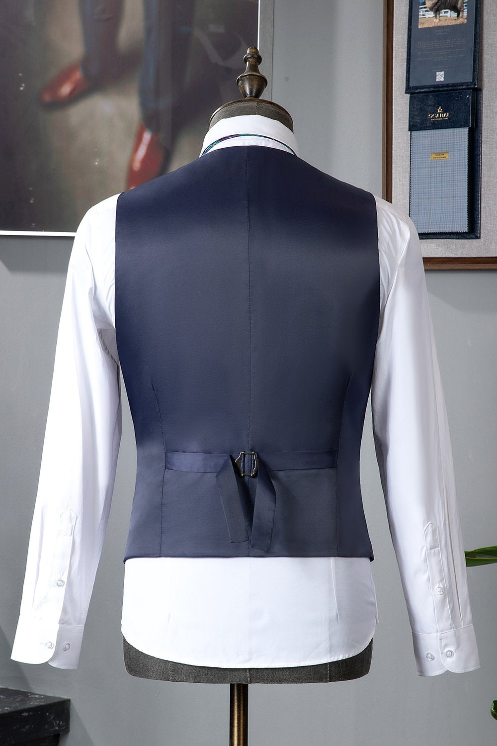 Cinza Azul Lapela Entalhada 3 Peças Terno Masculino