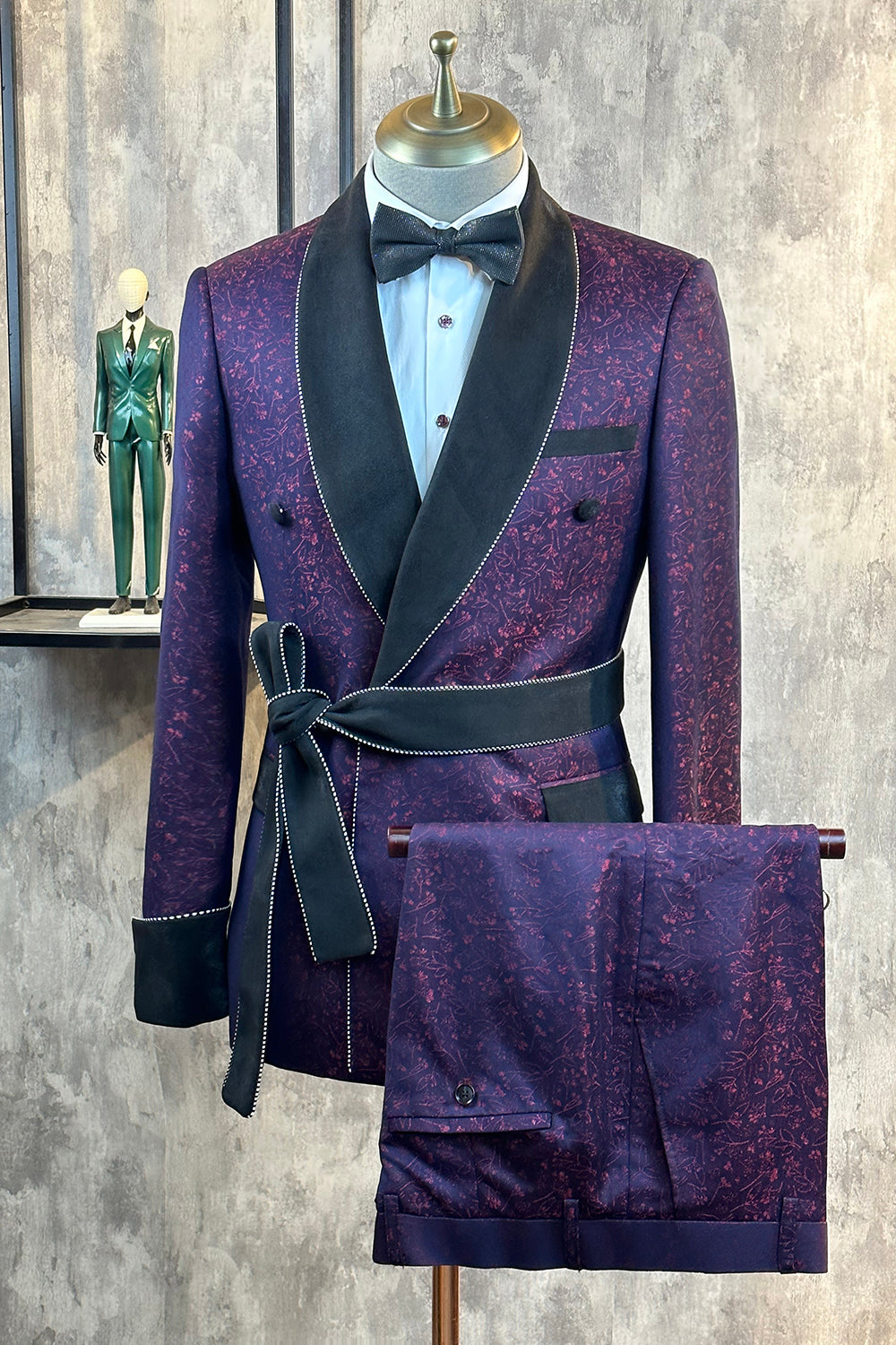 Jacquard azul escuro 2 peças homens ternos de baile com cinto