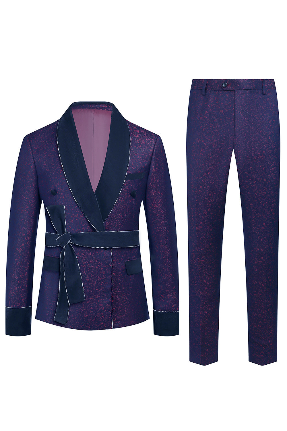 Azul escuro Jacquard xaile lapela 2 peças homens ternos de baile com cinto