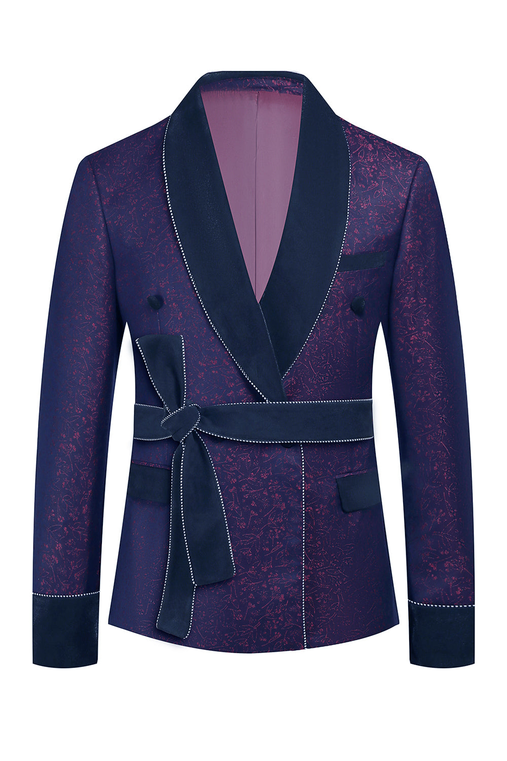 Azul escuro Jacquard xaile lapela 2 peças homens ternos de baile com cinto