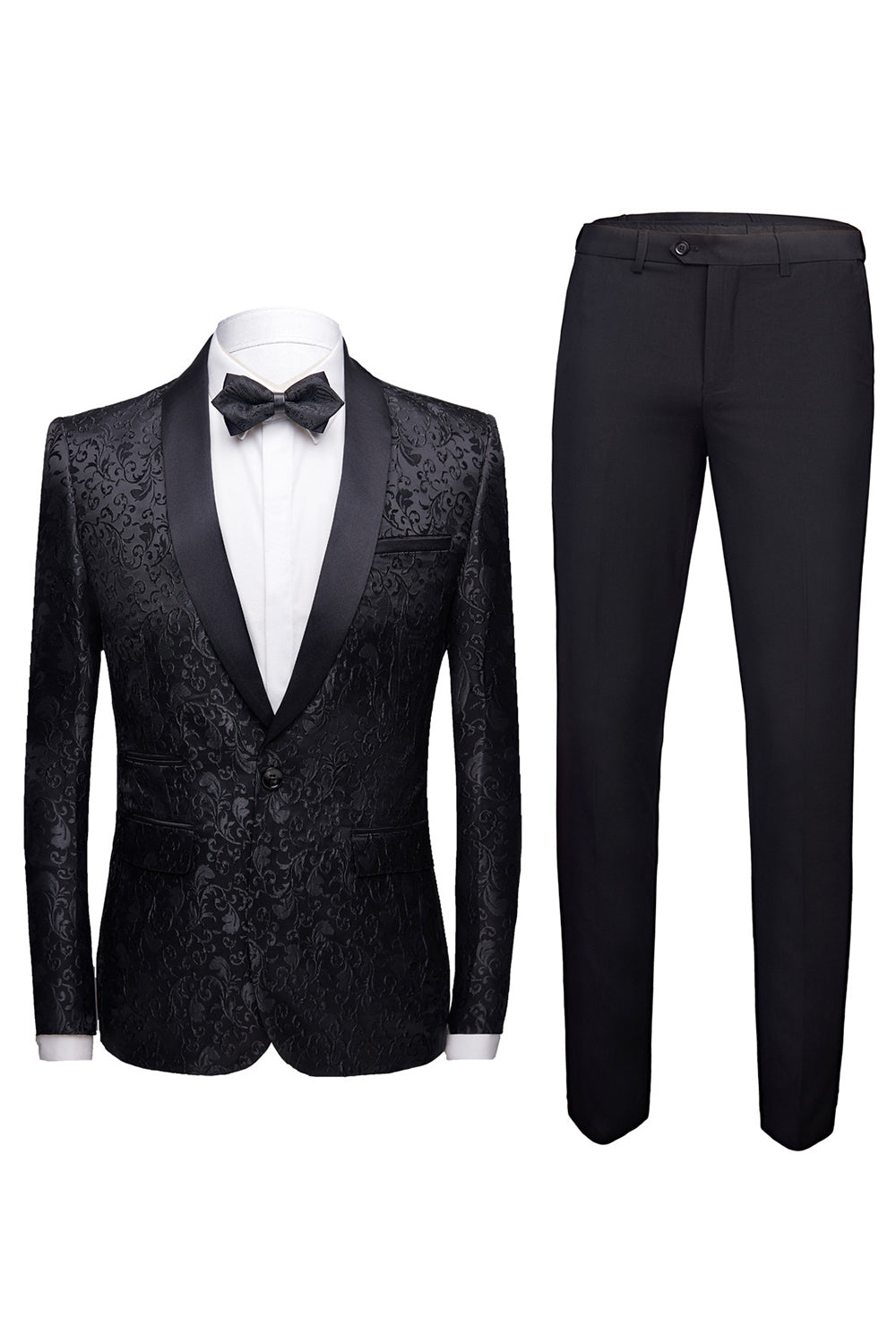 Preto 2 Peças Jacquard Masculino Fatos de Casamento