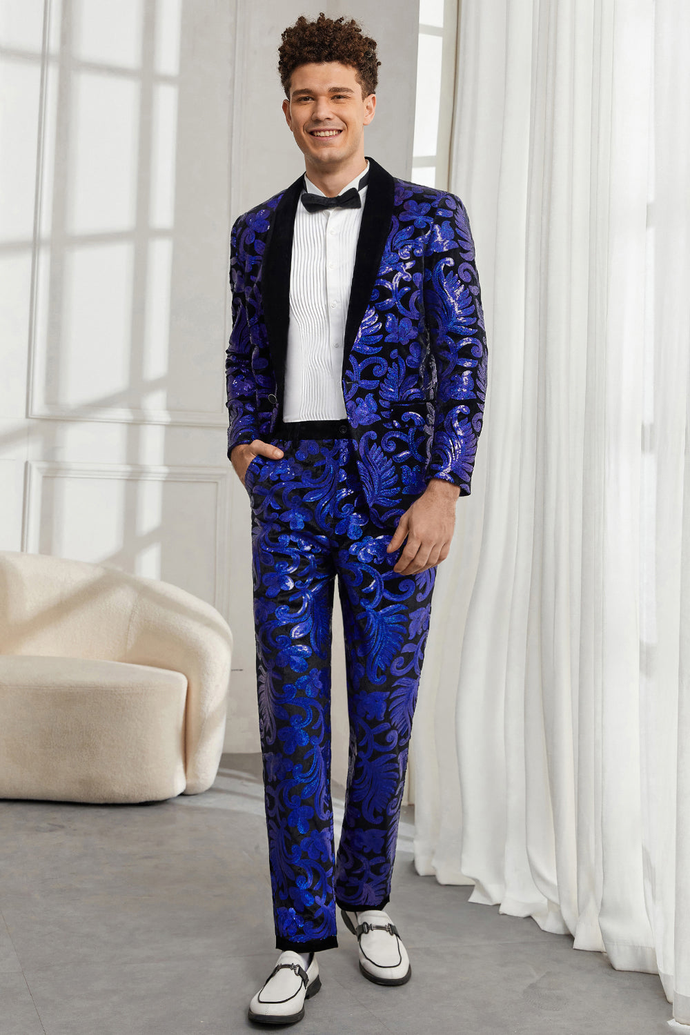Xale Lapela Um Botão Royal Blue Sequins Masculino 2 Peças Ternos