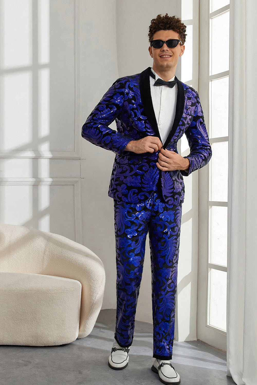 Xale Lapela Um Botão Royal Blue Sequins Masculino 2 Peças Ternos