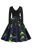 V Pescoço Preto Halloween vestido vintage impresso