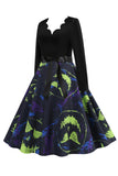 V Pescoço Preto Halloween vestido vintage impresso