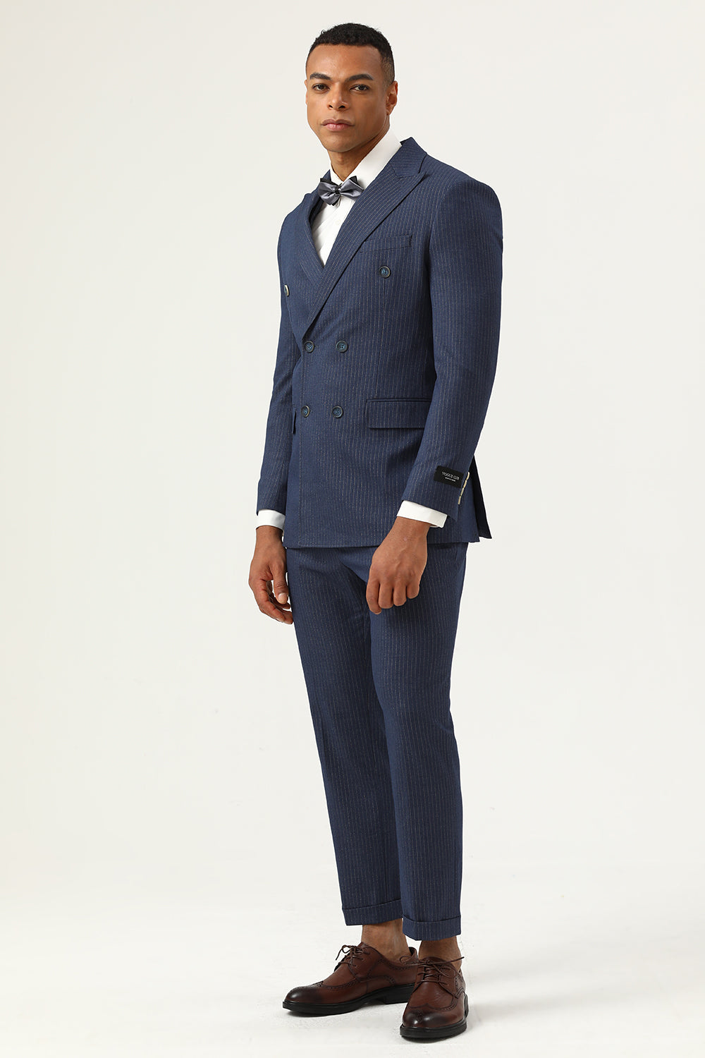 Azul Escuro Duplo Peito Listras Ternos Masculinos