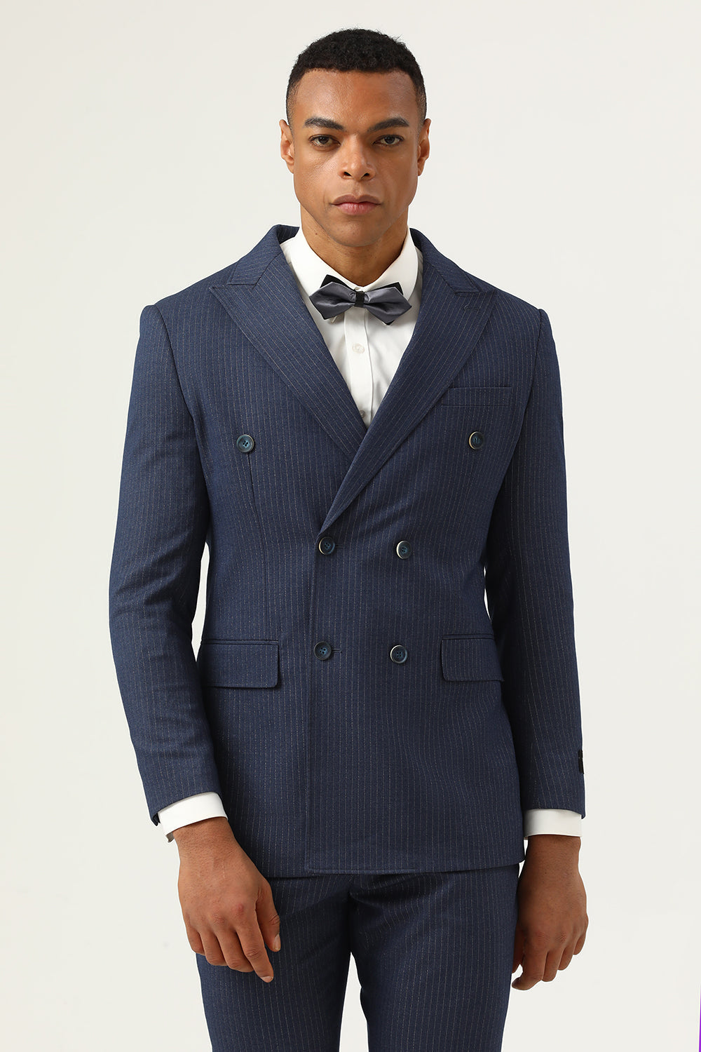 Azul Escuro Duplo Peito Listras Ternos Masculinos