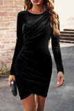 Preto Bodycon Pescoço Redondo Mangas Longas Veludo Vestido de Festa