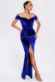 Fora do ombro Royal Blue Velvet Holiday Party Dress com fenda