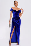 Fora do ombro Royal Blue Velvet Holiday Party Dress com fenda
