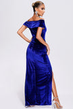 Fora do ombro Royal Blue Velvet Holiday Party Dress com fenda
