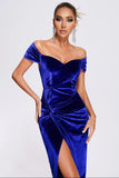 Fora do ombro Royal Blue Velvet Holiday Party Dress com fenda