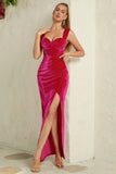 Veludo Fuchsia Corset Prom Dress com Folhos