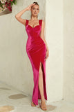 Veludo Fuchsia Corset Prom Dress com Folhos