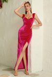 Veludo Fuchsia Corset Prom Dress com Folhos