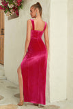 Veludo Fuchsia Corset Prom Dress com Folhos