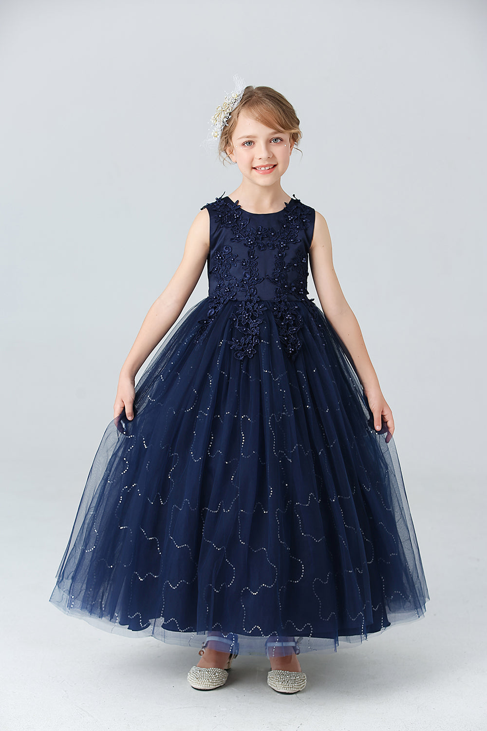A Line Branco Vestido de Meninas Com Apliques