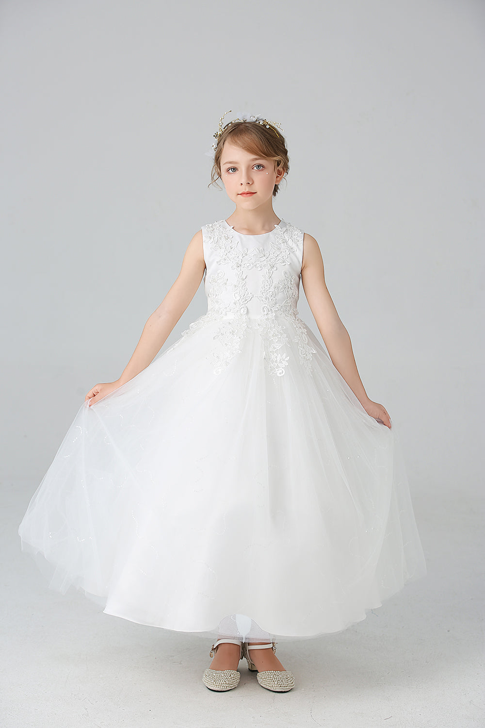 A Line Branco Vestido de Meninas Com Apliques