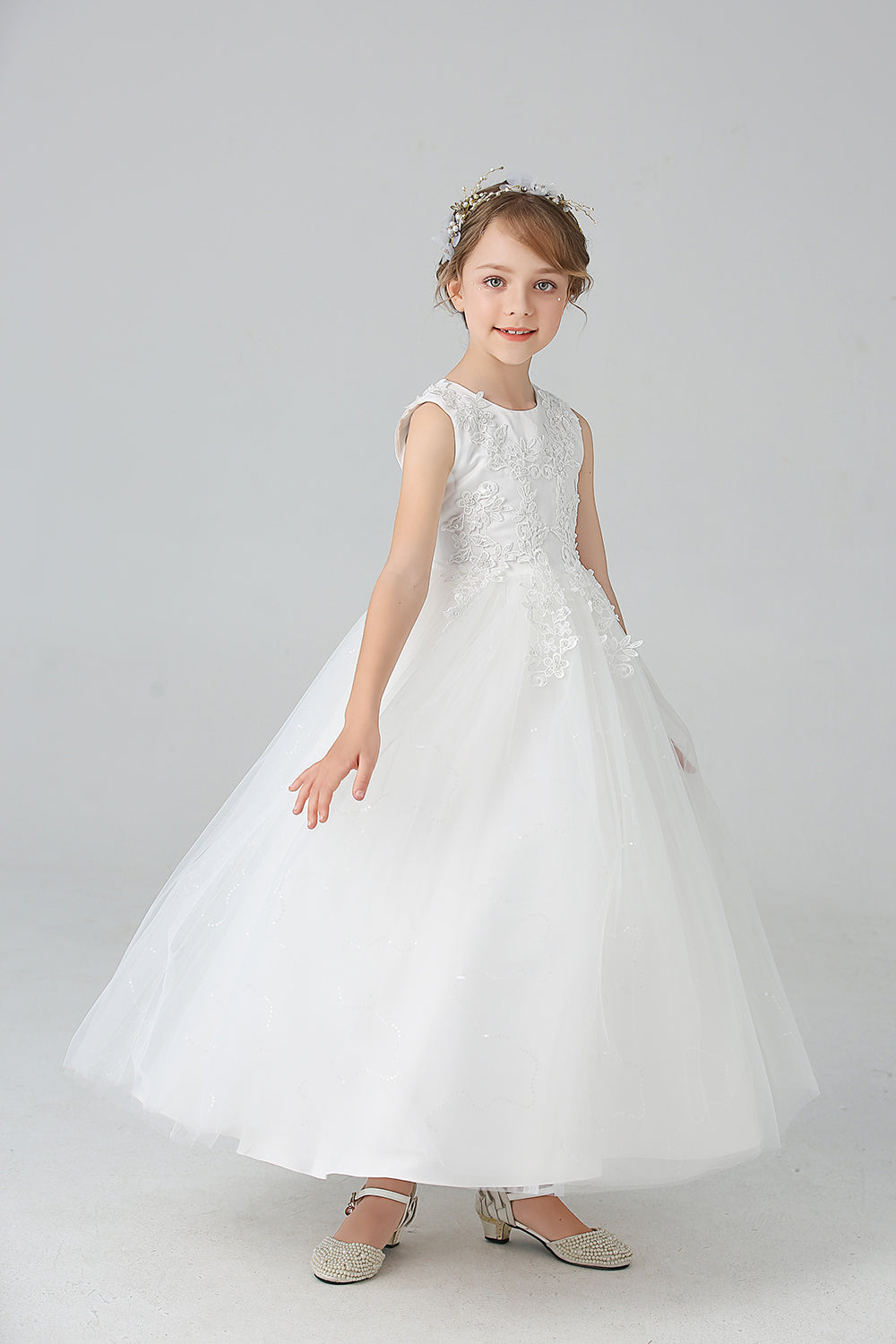 A Line Branco Vestido de Meninas Com Apliques