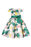 Vestido de Meninas Com Laço Floral Azul