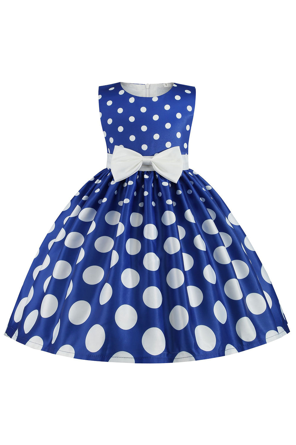 Azul Escuro Pontos de Polka Vestido das Meninas Com Laço