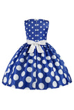 Azul Escuro Pontos de Polka Vestido das Meninas Com Laço