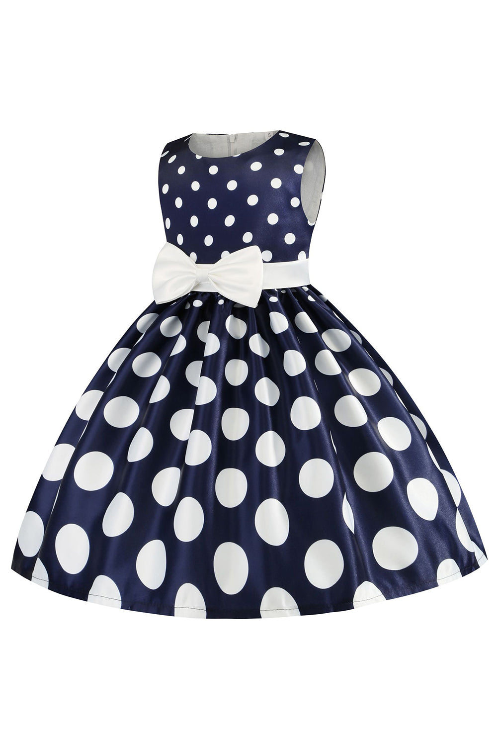 Azul Escuro Pontos de Polka Vestido das Meninas Com Laço