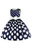 Azul Escuro Pontos de Polka Vestido das Meninas Com Laço
