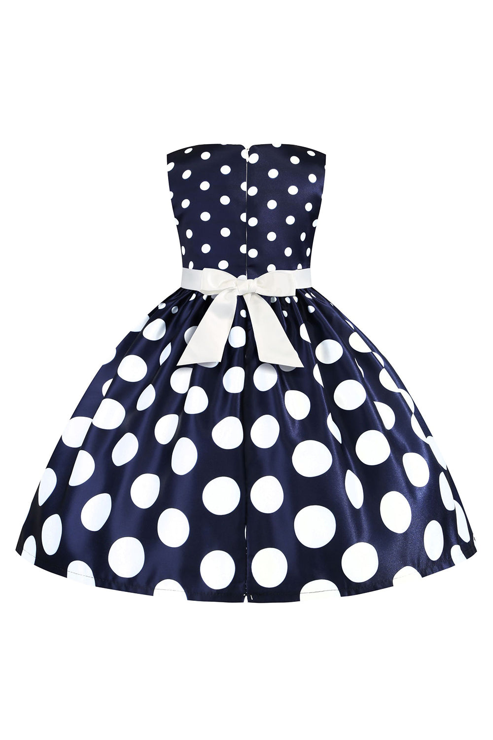 Azul Escuro Pontos de Polka Vestido das Meninas Com Laço