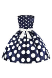 Azul Escuro Pontos de Polka Vestido das Meninas Com Laço