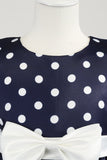 Azul Escuro Pontos de Polka Vestido das Meninas Com Laço