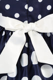 Azul Escuro Pontos de Polka Vestido das Meninas Com Laço