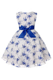 Azul Vestido de Menina Com Laço Renda