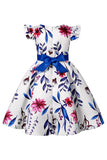Azul Puff Mangas Vestido de Meninas Com Laço