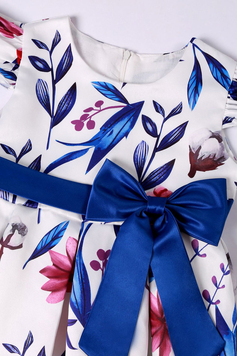 Azul Puff Mangas Vestido de Meninas Com Laço