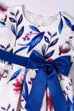 Azul Puff Mangas Vestido de Meninas Com Laço