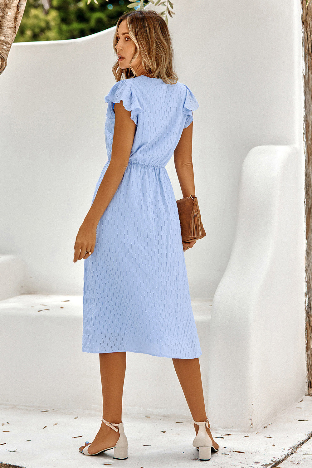 Branco Gola em V Midi Vestido de Verão