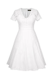 Branco Gola em V 1950s Vestido Com Renda
