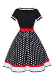 Preto Gola em V Pontos de Polka 1950s Vestido