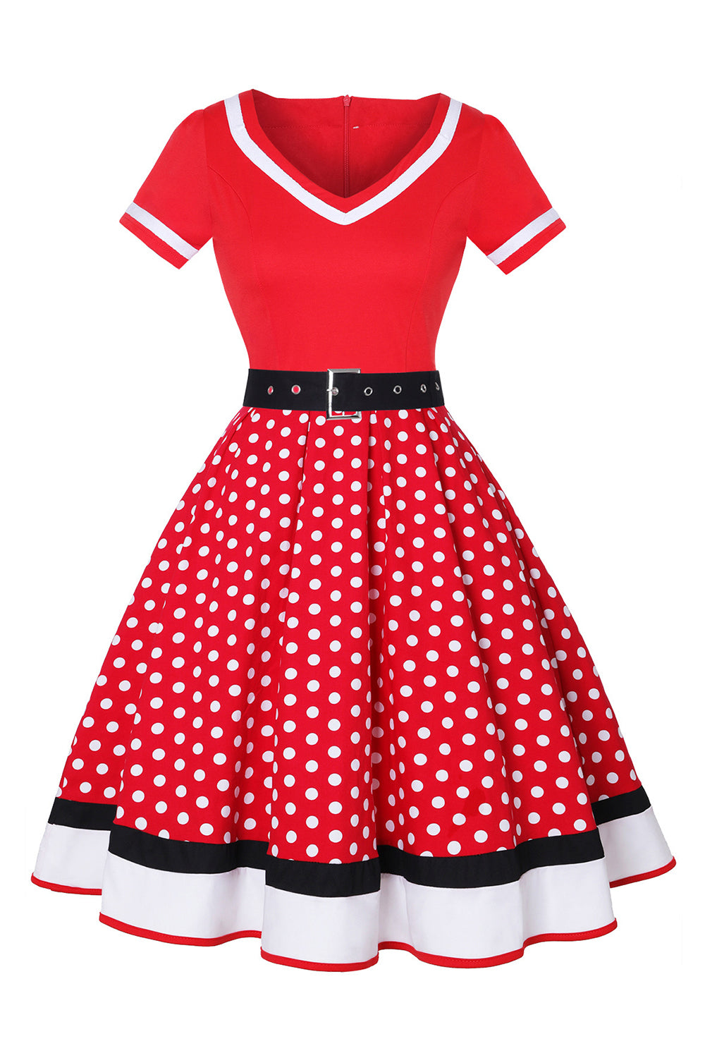 Preto Gola em V Pontos de Polka 1950s Vestido