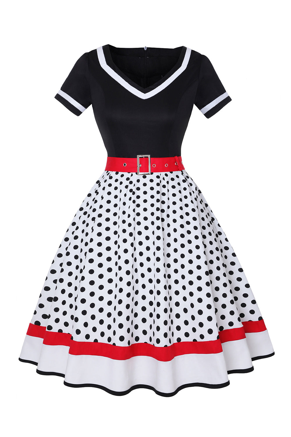 Preto Gola em V Pontos de Polka 1950s Vestido
