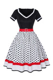 Preto Gola em V Pontos de Polka 1950s Vestido