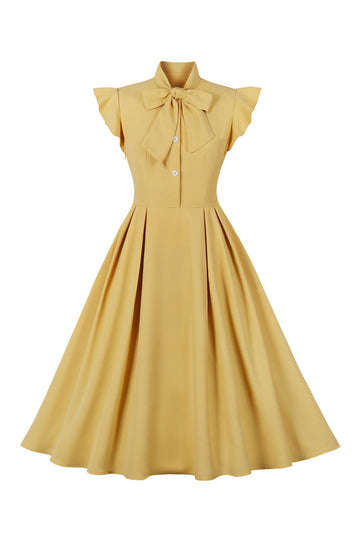 Amarelo 1950s Vestido Com Laço