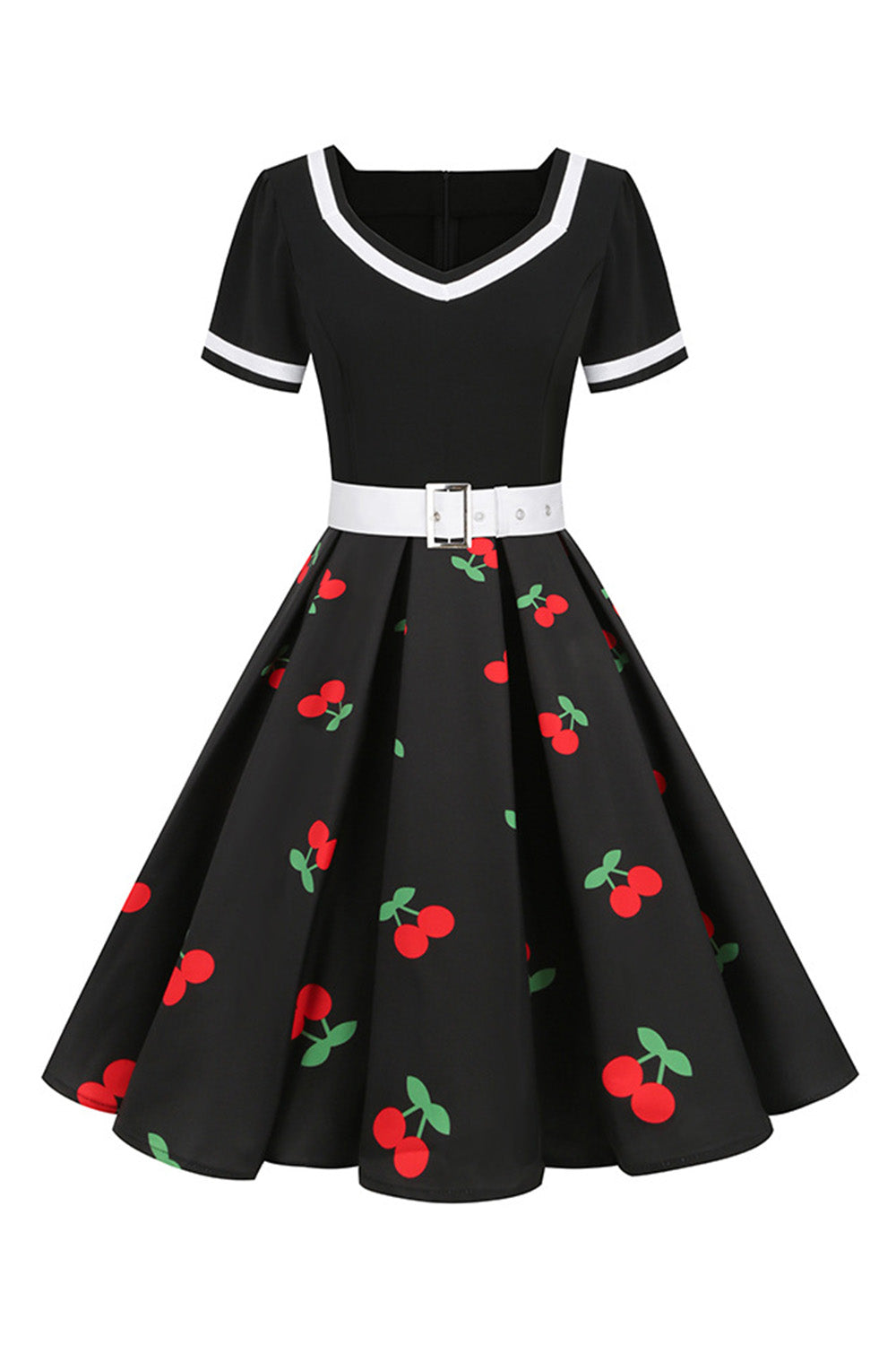 Gola em V Preto Estampado Vestido Vintage Com Mangas Curtas