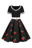 Gola em V Preto Estampado Vestido Vintage Com Mangas Curtas