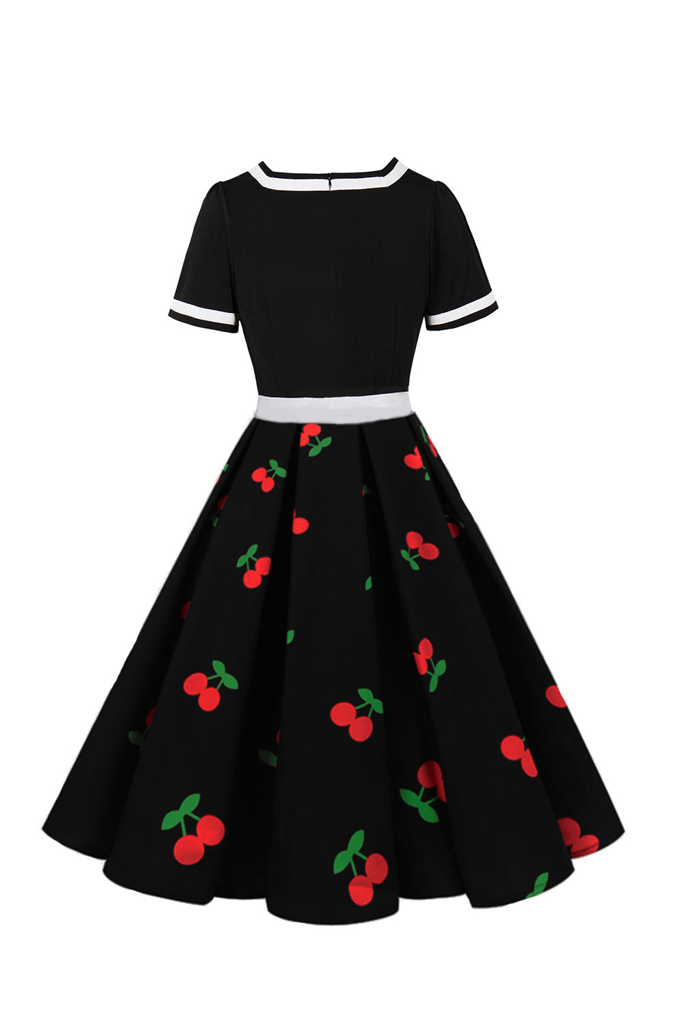 Gola em V Preto Estampado Vestido Vintage Com Mangas Curtas