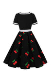 Gola em V Preto Estampado Vestido Vintage Com Mangas Curtas