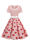 Gola em V Preto Estampado Vestido Vintage Com Mangas Curtas