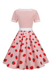 Gola em V Preto Estampado Vestido Vintage Com Mangas Curtas